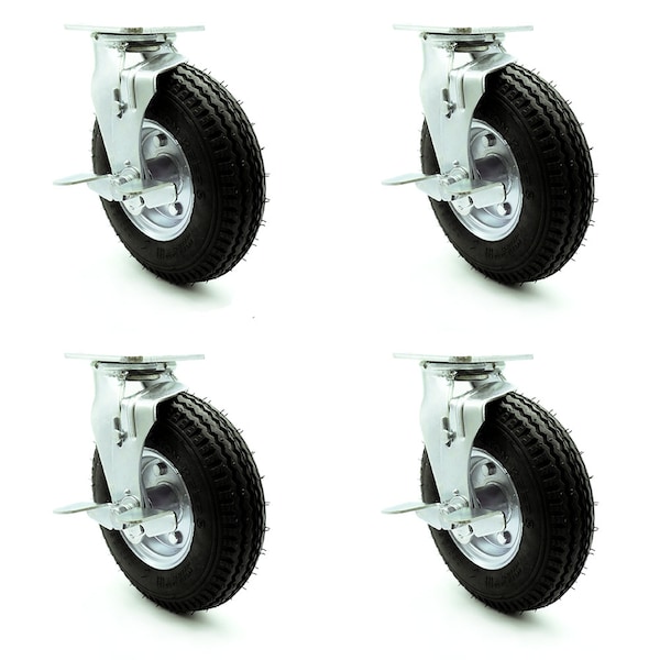 8 Inch Black Pneumatic Wheel Swivel Casters with Brakes Set